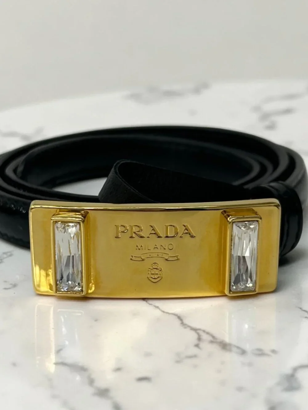 Prada Black Patent Leather Belt with Crystal-Embellished Gold Buckle